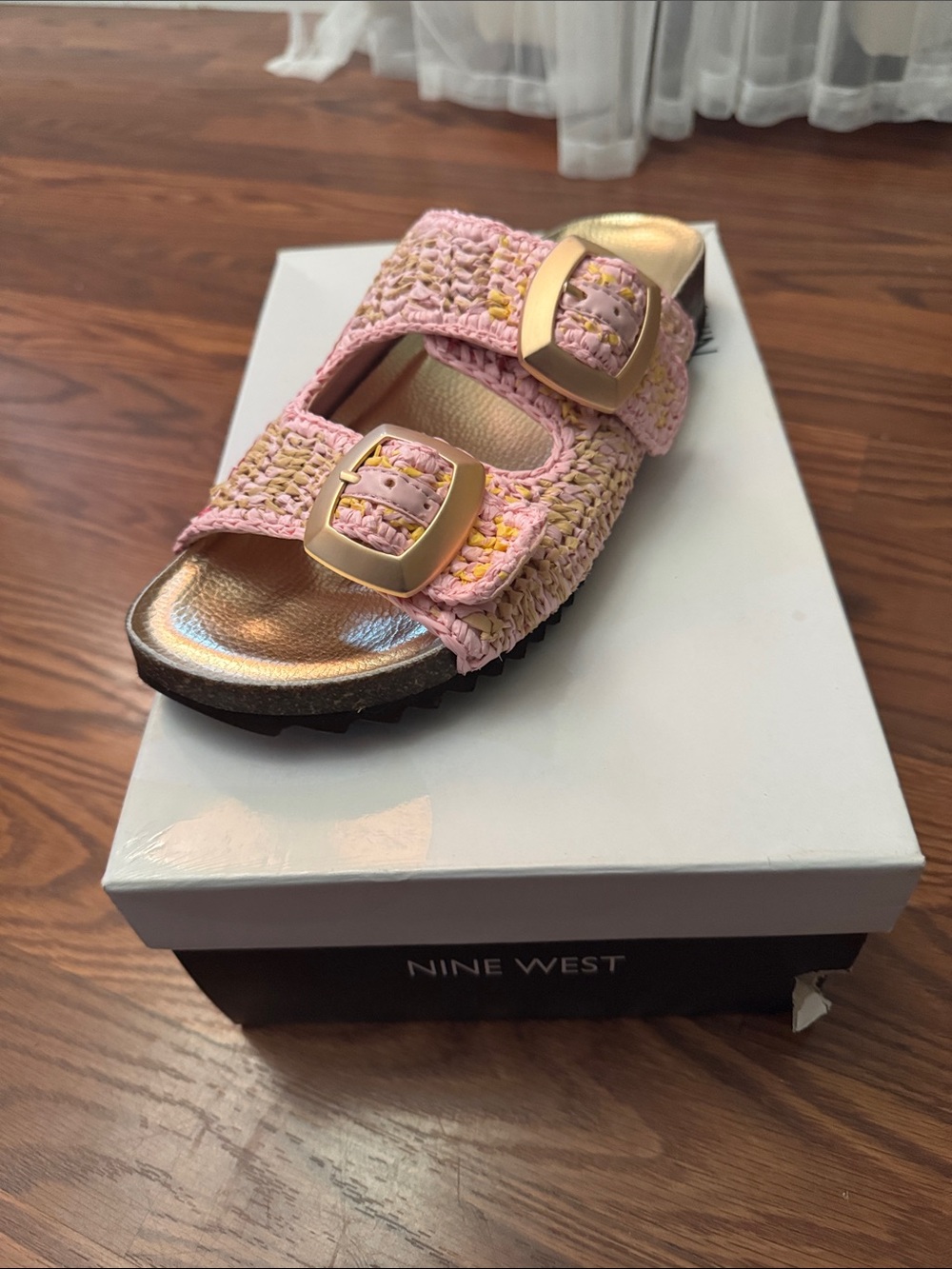 Nine West Kids Pink Woven Slide Sandals with Gold Buckles